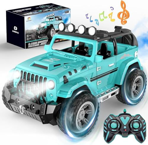 DEERC Auto Jeep telecomandata con nebbia e musica, Camion telecomandato 1:16 per ragazzi, Auto giocattolo RC da 2,4 GHz con 2 batterie, Regali SUV per tutti i terreni Cingolata con gancio di traino