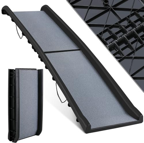 Hunderampe Klappbar, Hundetreppe, Hundeautorampe Anti-Rutsch, Kofferraumrampe für Haustiere, Leicht Stabil, bis 90 kg, 156x40 cm, für Große & Kleine Tiere, Grau