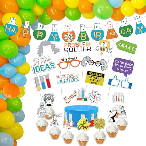 77Pcs Science Birthday Party Decoration Set Banner & Cupcake Toppers & PhotoBooth Props & Latex Balloons Kit Mad Science Party Decors for Birthday Chemistry Laboratory Party Supplies