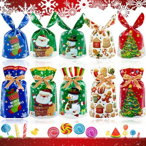 YeahBoom 100 Stücke Weihnachten Geschenkbeutel - 10 Design Geschenktüten, Hasen Ohren Candy Tüten, Cookie Beutel, Partytüten, Treat Tasche
