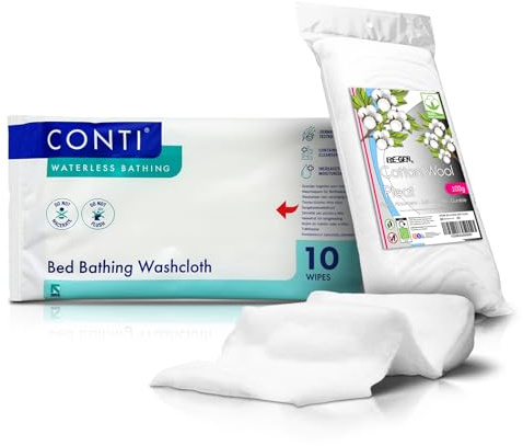 CONTI Wet Wipes Waterless Bathing Washcloth Patient Care Bed Bath Cleansing Wipes (10 Wipes Per Pack | Lightly Fragranced Formula) Includes RE-GEN Cotton Wool Pleat 100g (10 Count - Pack of 12)