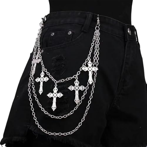 Calkkrer Punk Hosenkette, Hip Hop Cross Sword Star Rivet Charm, Vintage Jeans Kette, Grunge Kleidung, Gothic Schmuck, Taillenkette mit Metallgliedern, Punk Accessoires