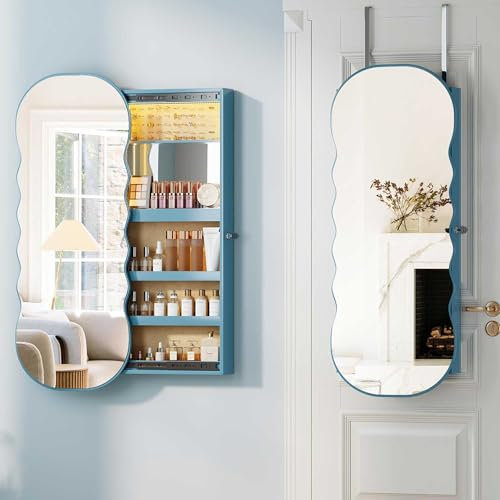 Gurexl Schmuckschrank mit Spiegel, Schmuckschrank Hängend LED Spiegelschrank Abschließbarer Wandspiegel zum Aufhängen der Wand Großer Stauraum für Schlafzimmer Blau