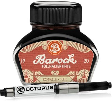 Barock 1920 Füllhaltertinte Koralle mit Tintenkonverter, Schreibtinte für Füllhalter, Füllertinte im Glas rot, 30 ml