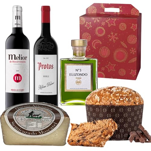 ENOVINOS Cesta Gourmet Regalo Navidad Empresas, Familia y Amigos - Caja con Vino Melior Matarromera, Protos, Aceite Elizondo 200ml, Queso Molinos y Panettone Antonella Chocolate
