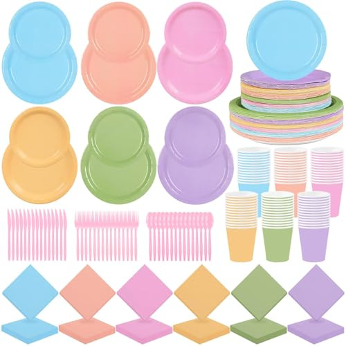 FULJOOY 192PCS Pastel Party Supplies Set Rainbow Tableware Bulk Include Paper Plates Cups Napkins Colorful Mix Color Disposable Dinnerware Decorations for Baby Shower Graduation Carnival Wedding