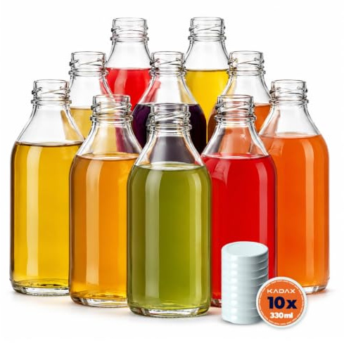 KADAX 10er Set Glasflaschen 330ml mit Schraubverschluss Weiß – Leere Flaschen zum Befüllen für Saft, Likör, Öl, Essig & Sirup, Refillable Glass Bottles