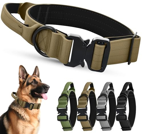Ledeak Collar Táctico Perro con Mango, Nylon Ajustable Collares para Perros con Hebilla de Metal Resistente, Transpirables Acolchado Collar de Perro para Perros Mediano Grande (Caqui, L)