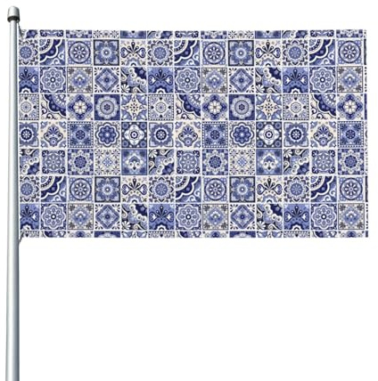 Drapeau en verre, motif talavera mexicain, héritage ethnique du Maroc, 90 x 150 cm (3 x 5 pi) - 1 drapeau inclus (mât inclus) - Décoration de jardin