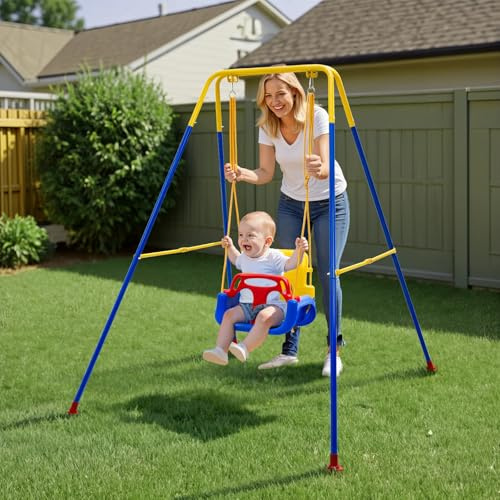 Warmiehomy 3 in1 Baby Swing Chair with Safety Harness Kids Swings for Garden Backyard Outdoor Indoor, Foldbale Toddler Swing Chair Play for Children Gift for 1 2 3 4-10 years old Boys Girls, Blue