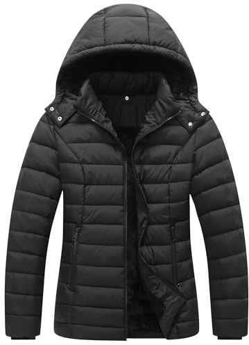 ALPIXIS Women's Quilted Down Coat Waterproof Warm Thicken Flannel Lined with Detachable Hood Windproof Winter Puffer Jacket Black01-XL