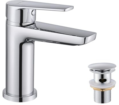 Decaura Waschtischarmatur mit G1' 1/4 pop-up Ablauf, Messing Wasserhahn Bad mit Auslauf Höhe 94 mm, wassersparend Mischbatterie mit pop up Ventil, Chrom Set