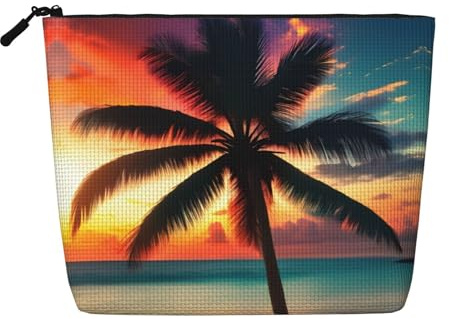 Tropical Beach Palm Tree Sunset Print Fake Hemp Makeup Bag,Makeup Bag,Travel Bag Pouch,Toiletry Bag with Zipper