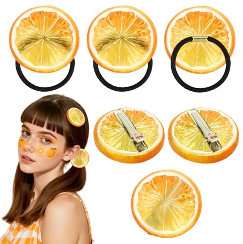 CHIHOLEN 3 pinzas para el pelo de color naranja + 3 discos de naranja elásticos, accesorios para el cabello para niñas y mujeres, para carnaval, fiestas de verano