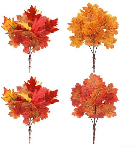 Feeshoppher Set di 4 bouquet di acero artificiale autunnale in plastica, arancione, rosso, giallo, lungo 40 cm, per interni ed esterni, casa, ufficio, festa di nozze, Halloween, tavolo del