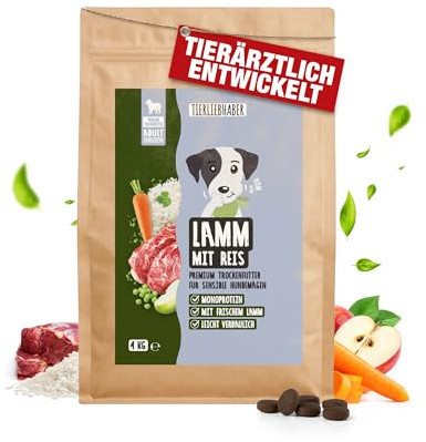 Hundefutter Lamm & Reis Hundefutter Trocken – Trockenfutter für Hunde 4Kg | Tierärztlich entwickeltes Hundetrockenfutter Monoprotein & gut verträglich – Hypoallergenes Trockenfutter von TIERLIEBHABER