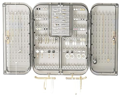 Organizzatore da parete per gioielli – Espositore per gioielli trasparente con supporto e scatola, adesivo e senza foratura, ideale per collane, bracciali, orecchini, anelli, portaoggetti da parete