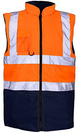 Hi Vis Viz Bodywarmer Fleece Lined Reversible Safety Gilet Waistcoat Waterproof High Visibility Reflective Workwear Vest for Men Security Outdoor Work Jacket Orange Navy 2XL