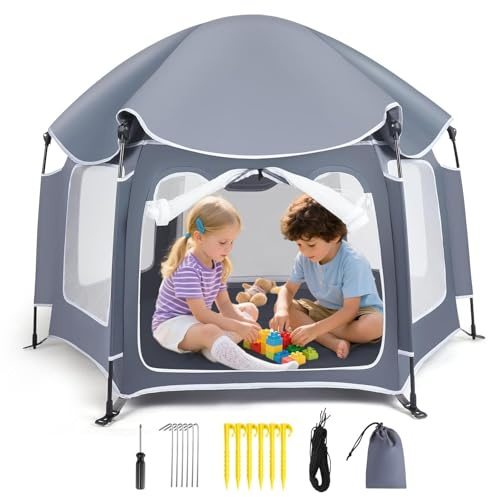 Klappbarer 6-eckiger Laufstall mit Matratze, Tragbarer Baby Laufstall mit Sonnendach & Tragetasche, atmungsaktivem Netz für Garten, Strand und Reisen (150×110 cm)