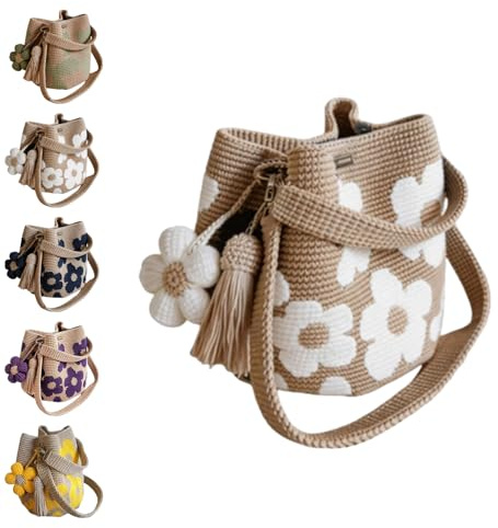 Generisch Handgehäkelte Blumentasche, Häkel-Shopper Für Damen, Boho-Strandtasche Mit Blumenmuster Für Den Einkauf, Leichte Sommertragetasche Mit Niedlichen Blumen & Quasten-Anhänger