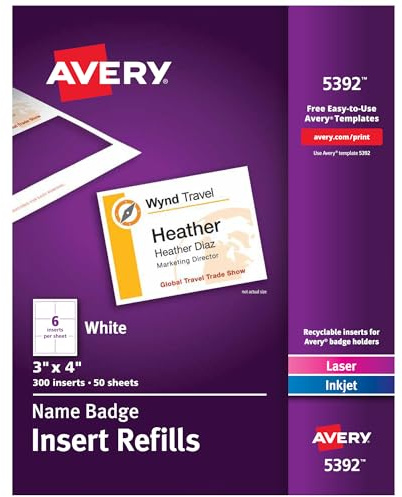 Avery Customizable Name Badge Inserts for Name Tag Holders, 3 x 4, White, Laser/Inkjet Printable, 300 Total (5392)