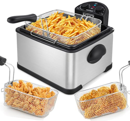 Secura 4 Liters / 17-Cup Stainless-Steel 1700-Watt Electric Deep Fryer with Timer Free Extra Odor Filter, Triple Basket, 4.5 Quarts, Silver
