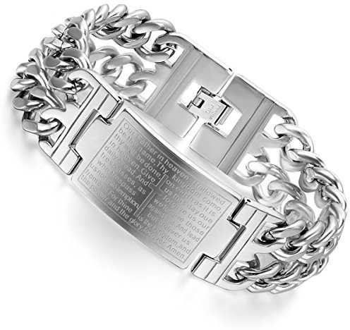 Flongo Herren Armband Männer Armreif Herrenkette, Große Breite Edelstahl Armband Link Handgelenk Silber Kruzifix Kreuz Englisch Bibel Herr Gebet Herren
