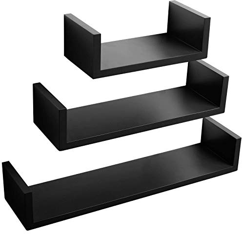WOLTU Wandregal Schweberegal U Form CD DVD Regal Bücherregal 3er Set Hängeregal 30cm/45cm/60cm Breit, DIY Wandmontage Hängeregale für Wohnzimmer Badezimmer Schlafzimmer Büro Küche (Schwarz)