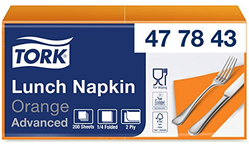 Tork 477843 Lunchservietten Orange / 2-lagige Servietten für kleine Gerichte oder Snacks / Advanced Qualität / 10 x 200 (2000) Papierservietten / 32,6 x 33 cm (B x L) / 1/4-Falz | 2-lagige Servietten für kleine Gerichte oder Snacks / Advanced Qualität / Papierservietten / / 1/4-Falz