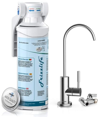 Frizzlife Untertischwasserfilter NSF/ANSI 53 & 42 zertifiziertes Trinkwasserfiltersystem - 0,5 Mikron entfernt Blei, Chlor und Gerüche, reduziert Fluorid - mit gebürstetem Nickel-Finish-Wasserhahn