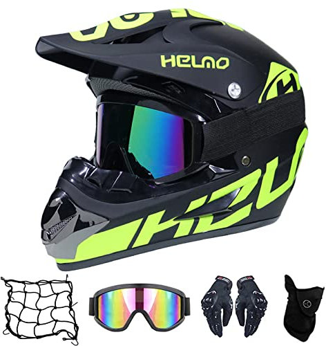 Full Face MTB Helmet with Goggles Gloves Mask Helmet Net, Black/Green, Adult Motorcycle Motocross Helmet Set Motorbike Off Road Crash Helmet Protective Gear,M