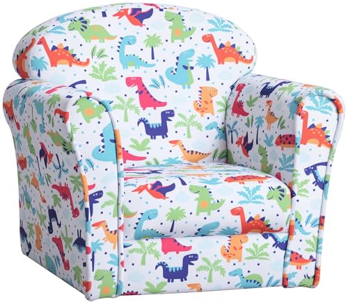 HOMCOM Sillón Infantil Sofá para Niños +18 Meses con Estampado de Dinosaurios Estructura de Madera Acolchado de Espuma y Tapizado de Franela 50x39x44 cm Multicolor