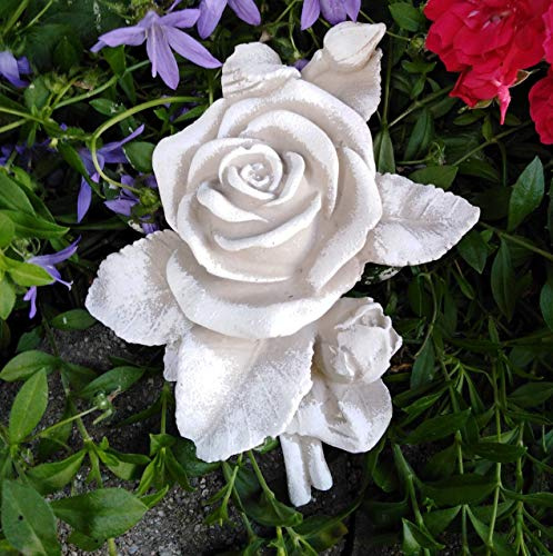 Radami XL Rose mit Stiel Rosenblüte auch Grabdekoration Grabschmuck Rosenbouquet Steinguss 16cm grau Patina weiß, ca. 360g