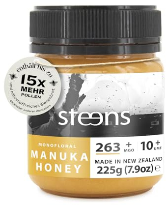 Steens Miele di Manuka - MGO 263+ - Puro Miele Manuka grezzo 100% certificato UMF 10+ - Invasettato e sigillato in Nuova Zelanda - Manuka Honey - 225 g