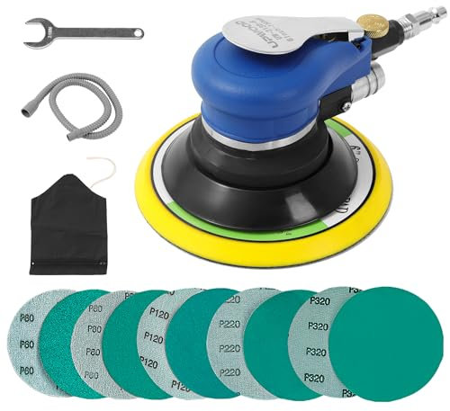 UPWOOD, levigatrice orbitale ad aria, con tubo e sacchetto per la polvere, levigatrice pneumatica con 10 pezzi di carta vetrata per carrozzeria, lavorazione del legno (tipo vuoto da 6 pollici)