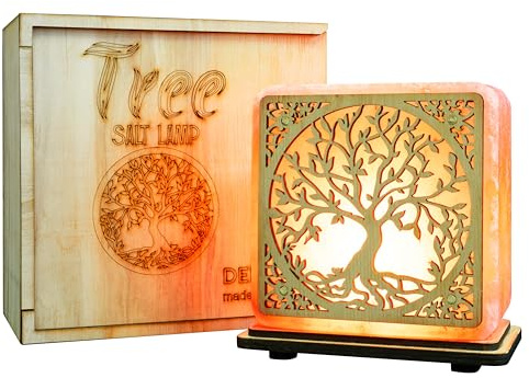 DENOCH Himalayan Salt Lamp Tree of Life – 5.9” Tall, 4.4 lbs – Hand-Carved Pink Salt Crystal with Wooden Base, Dimmer Cord & Bulb – Natural Air Purifier & Home Decor Gift