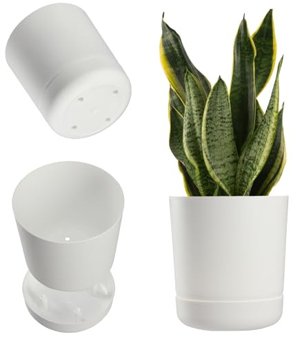KADAX Vaso da fiori con sottovaso, in plastica, minimalista, vaso decorativo per fiori, cactus ed erbe aromatiche (25 cm, bianco)