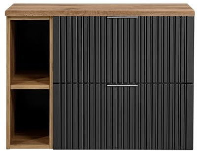 Lomadox Badezimmermöbel Waschtisch-Unterschrank 80cm matt schwarz mit Eiche Nb., gerilllte Front Waschbecken Badschrank mit 2 Softclose-Auszügen, B/H/T ca. 80,6/59,2/46,5 cm