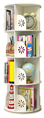 Modernes drehbares Bücherregal, rundes mobiles Bücherregal, Holz, CD- und DVD-Aufbewahrung, Wohnzimmer und Büro, Weiß (Größe: 128 x 46 x 30 cm)