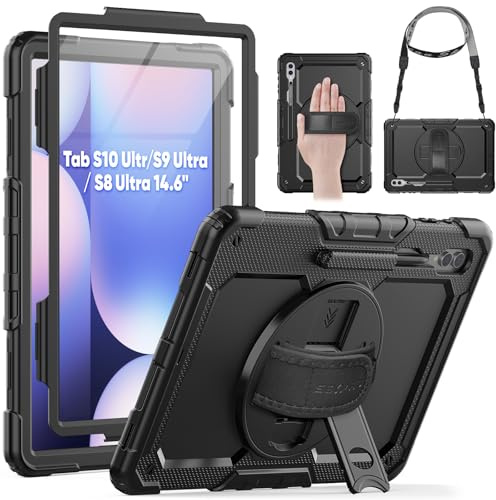 SEYMAC Hülle für Samsung Galaxy Tab S10 Ultra / S9 Ultra 14,6 Zoll 2024/2023, Stoßfeste Hülle mit Displayschutz, 360° Drehbarem Ständer/Handschlaufe, Schultergurt, Stifthalter, Schwarz
