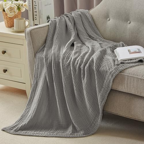 ACCOTIA 6-lagige Decke aus 100 % Baumwoll-Musselin, Doppelgröße, leicht, atmungsaktiv, gemütlich, Überwurfdecken für Couch, Sofa, Bett, Sommer, weiche Gaze, Herbstdecke, 139,7 x 190,5 cm, Grau