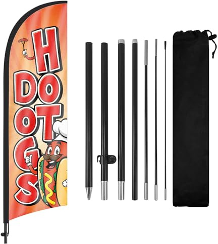 FSFLAG Hot Dogs-Federflagge mit Fahnenmast und Erdnägeln, 2,7 m, windloses Flaggenbanner, Hot Dogs Swooper-Schild für Außenwerbegeschäft