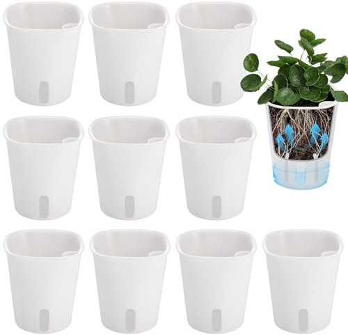 Huiguli 10 Stück Blumentopf, Weiß Selbstbewässerungstopf Klein, Φ7.5cm Pflanzen Topf mit Bewässerungssystem, PP Plastik Gradentopf mit Wasserstandsanzeiger für Innen und Außen