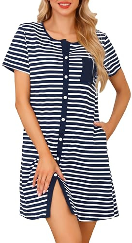 Lovasy Kvinnors Sommar Nattklädsel Med Korta Ärmar och Knappar med Ränder Pyjamas Amning med Fickor, Marinblå, XL