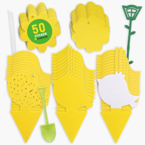 Chillife Gelbsticker Set I 50 Gelbtafeln gegen Trauermücken, Verschiedene Designs I inkl. 20 Bindedrähten 3 Doppelstäbchen und 1 Schaufel I Kunststoff und Leim Gelbfalle Mücken