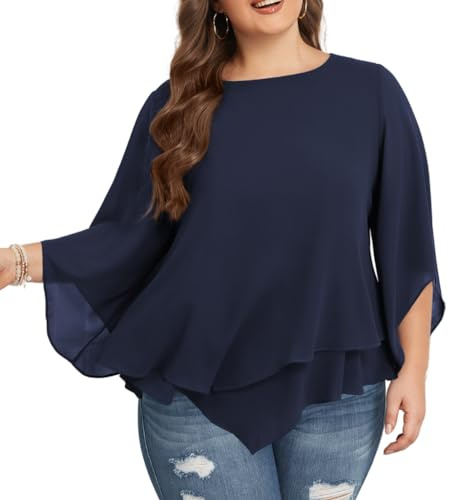 Hanna Nikole Dam, stora storlekar, chiffong, blus, 3/4-ärmar, dubbellagd, skjorta, flödande, elegant, toppar, lös, lång skjorta, Marinblå, 50 SE/L