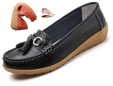 ZPLMIDE Mocasines ortopédicos para mujer de cuero transpirable, de ajuste ancho, mocasines clásicos de tacón de cuña, mocasines casuales sin cordones, zapatos de senderismo