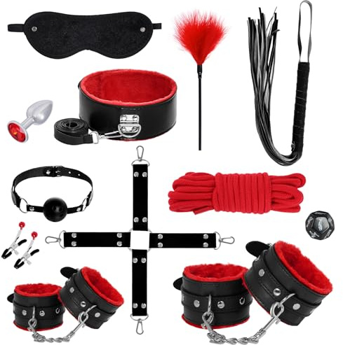 Rbenxia 12 PCS Sex Bondage BDSM Restraints Kits Fetish Handcuffs Ankle Cuff Collar Blindfold Whip Rope Nipple Clamps Sex Dice Anal Toys Ball Gag Adult Games Foreplay Sexy Toys for Couples