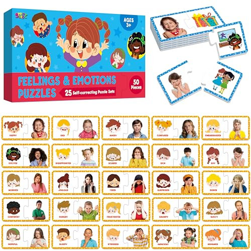 Gefühle & Emotionen Puzzle-Karten, 50-teilige Puzzles mit verschiedenen Stimmungen - Gefühle erkennen Lernen, Lernspielzeug für Kinder mit Autismus, ADHS - Pädagogische Werkzeuge