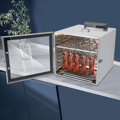 Dörrautomat Edelstahl 1000W 42.5L mit 20 Haken Dörrgerät Temperaturregler von 30-90℃ Timer-Funktion für die Rinderbiltong Straußenbiltong Rindersteaks Würstchen Jerky und Hundeleckerlis